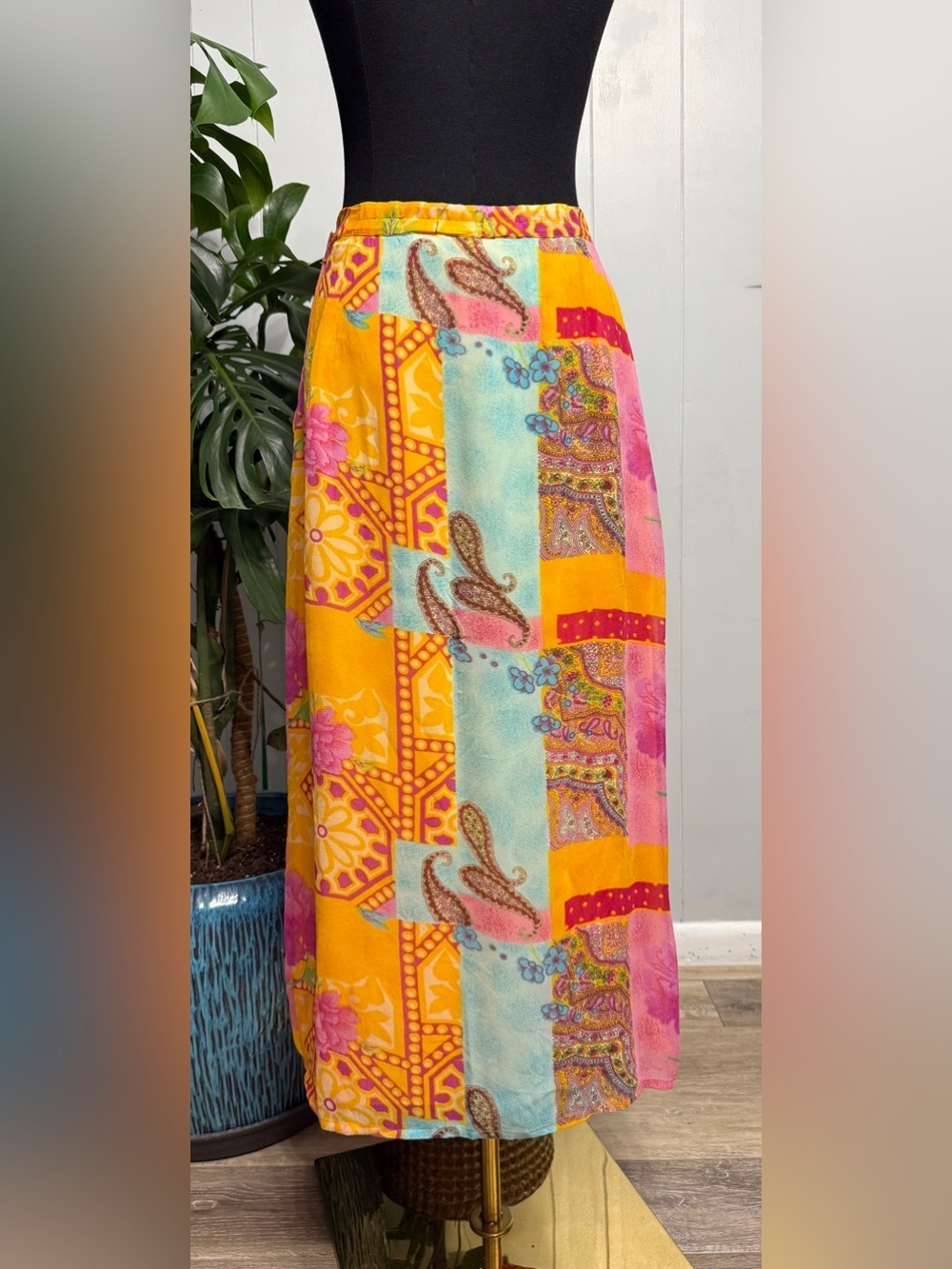 Vintage Patchwork Midi Sheer Skirt in Yellow Pink Multi